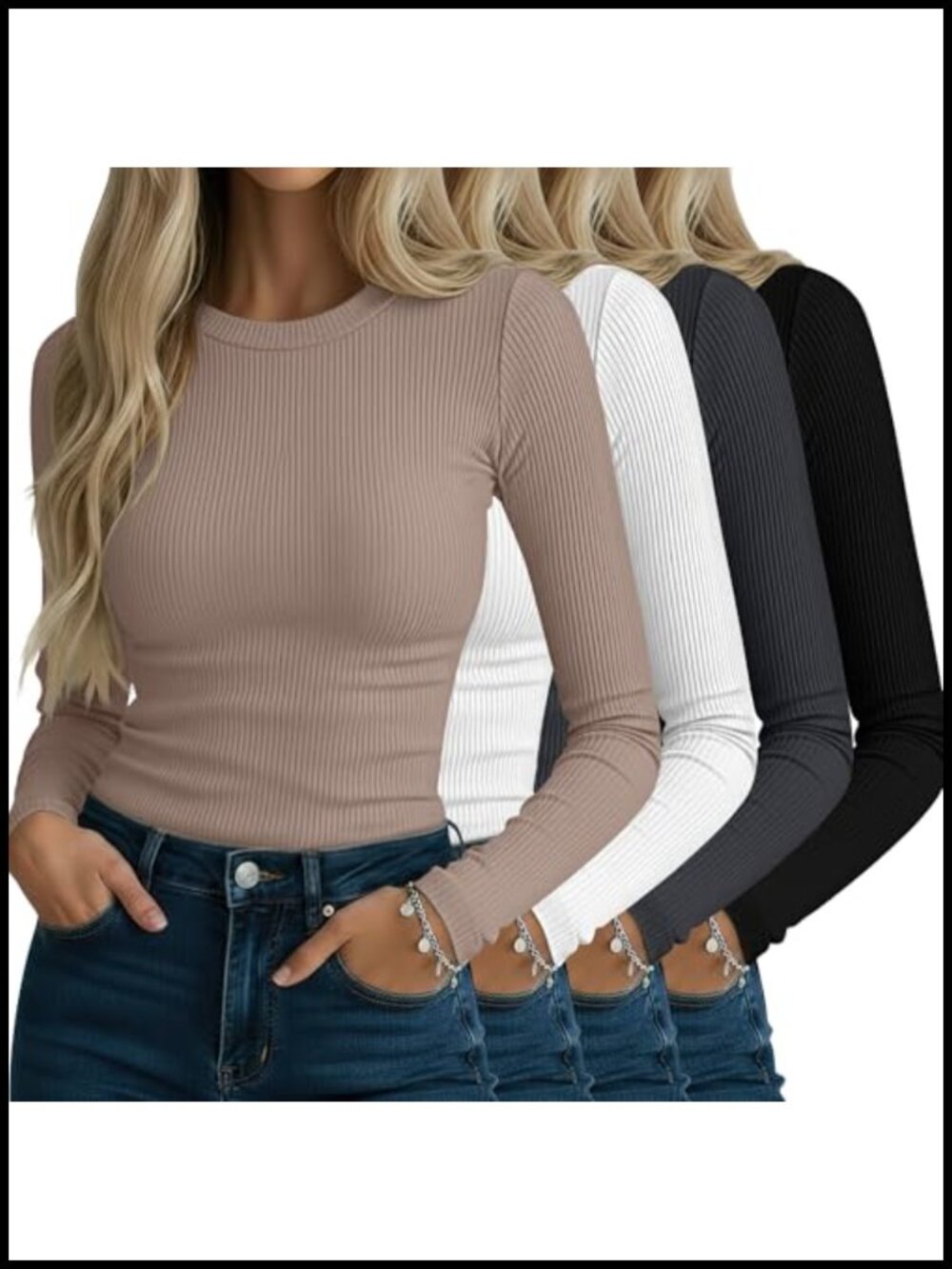 Ribbed Cotton Long Sleeve Crew Neck Slim Fit T-Shirt 4 Pack